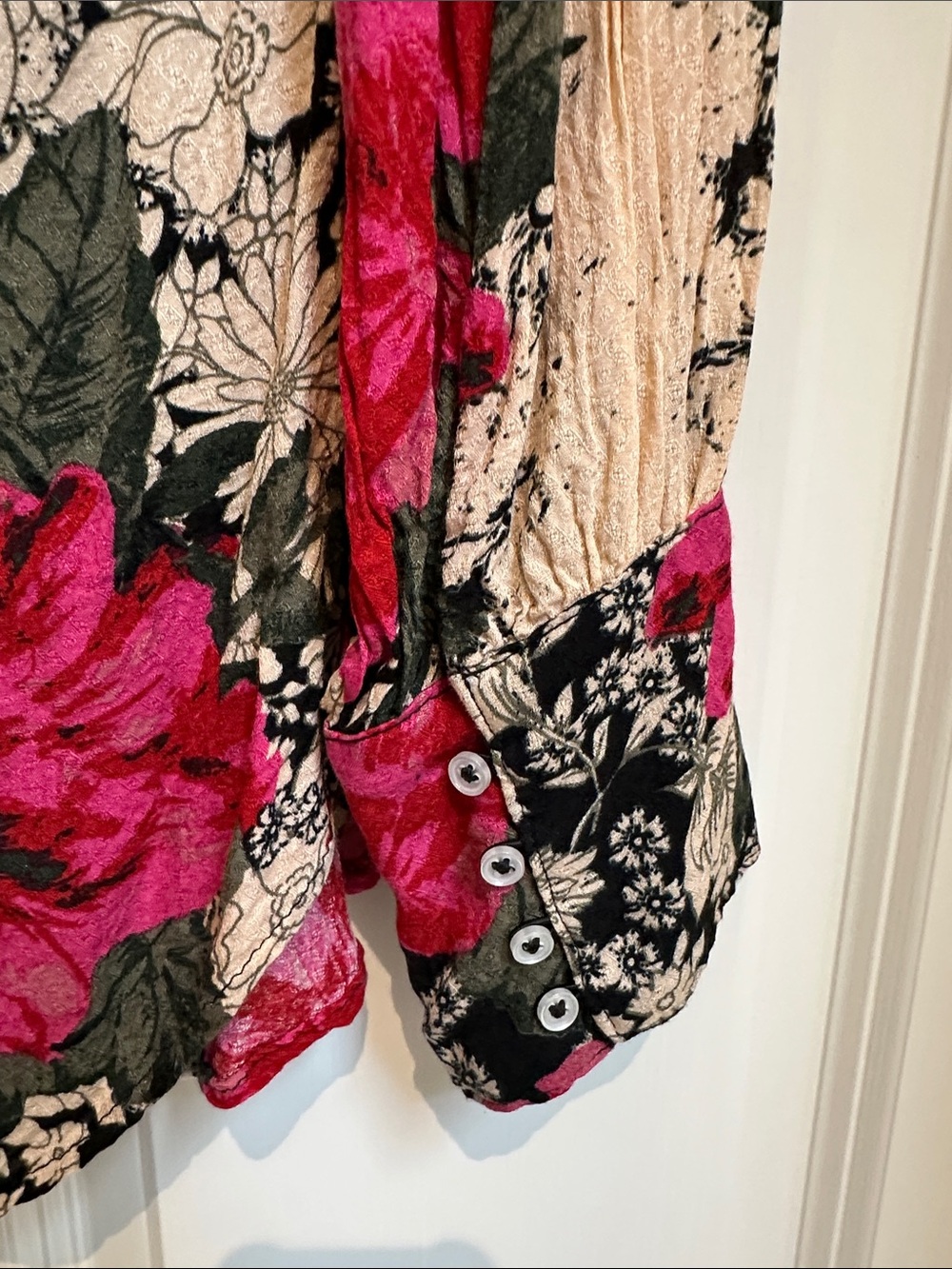 Free People Boho Black Floral top with Pink & Cream Blooms hook and eye closures - Picture 3 of 5